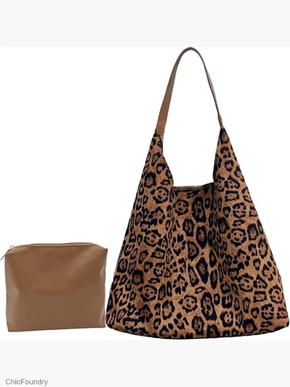 Faux Suede Leopard Hobo Bag - Large Tote with Pouch